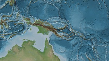 Woodlark tektonik plakasının alanı Eckert III projeksiyonundaki soluk renkli yükseklik haritasında çizilmiş bir çizgi ile işaretlenmiş.
