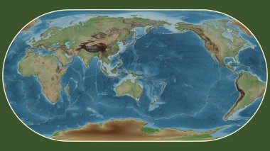Eckert III projeksiyonunda dünyanın soluk renkli yükseklik haritası Woodlark tektonik plakasının merkezine dönüştürüldü.
