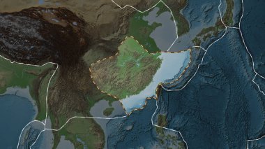 Yangtze tektonik plakasının alanı Eckert III projeksiyonundaki koyu renkli yükseklik haritasının arka planına çizilmiş bir çizgi ile işaretlenmiştir.