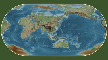 Eckert III projeksiyonunda dünyanın soluk renkli yükseklik haritası Yangtze tektonik plakasının merkezine dönüştürüldü