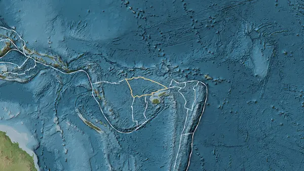 Balmoral Resifi tektonik plakasının alanı Eckert III projeksiyonunda soluk renkli bir yükseklik haritasında katı bir çizgi ile işaretlenmiştir.