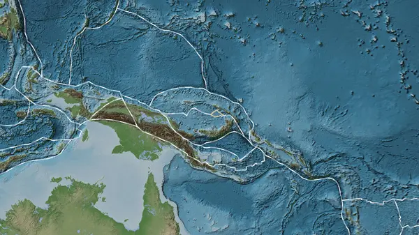 Manus tektonik plakasının alanı Eckert III projeksiyonunda soluk renkli bir yükseklik haritasında katı bir çizgi ile işaretlenmiş.