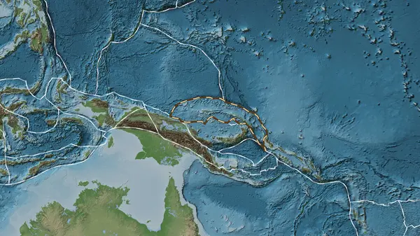 Kuzey Bismarck tektonik plakasının alanı Eckert III projeksiyonundaki soluk renkli yükseklik haritasında çizilmiş bir çizgi ile işaretlenmiştir.