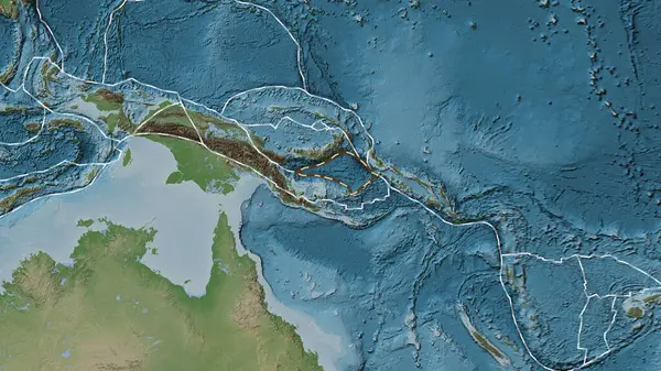 Solomon Denizi tektonik tabakasının alanı Eckert III projeksiyonunda soluk renkli bir yükseklik haritasında kesik bir çizgi ile işaretlenmiş.