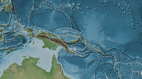 Güney Bismarck tektonik plakasının alanı Eckert III projeksiyonunda soluk renkli bir yükseklik haritasında katı bir çizgi ile işaretlenmiştir.
