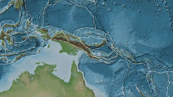 Woodlark tektonik plakasının alanı Eckert III projeksiyonunda soluk renkli bir yükseklik haritasında katı bir çizgiyle işaretlenmiş.