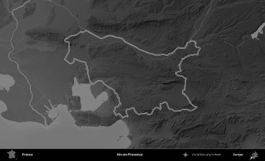 Aix-en-Provence. Gri tonlu yükseklik haritasında Fransa 'nın idari bölgesinin ana hatları çizilmiş