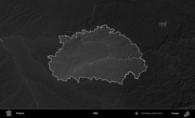 Albi. Fransa 'nın idari alanı kararmış bir gri tonlama yükselme haritasına vurgulandı ve özetlendi