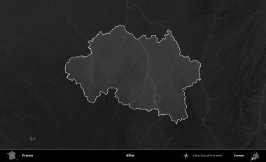 Allier. Fransa 'nın idari alanı kararmış bir gri tonlama yükselme haritasına vurgulandı ve özetlendi