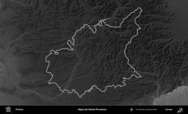 Alpes-de-Haute-Provence. Gri tonlu yükseklik haritasında Fransa 'nın idari bölgesinin ana hatları çizilmiş