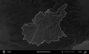 Alpes-de-Haute-Provence. Fransa 'nın idari alanı kararmış bir gri tonlama yükselme haritasına vurgulandı ve özetlendi