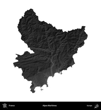 Alpes-Maritimes. Fransa 'nın idari bölgesi gri ölçekli yükseklik haritasında beyaza izole edildi