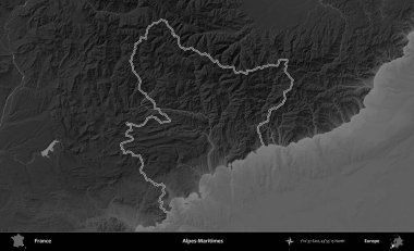 Alpes-Maritimes. Gri tonlu yükseklik haritasında Fransa 'nın idari bölgesinin ana hatları çizilmiş
