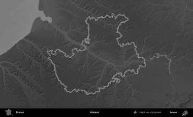 Amiens. Gri tonlu yükseklik haritasında Fransa 'nın idari bölgesinin ana hatları çizilmiş