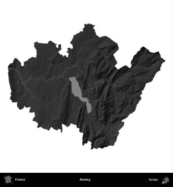 Annecy. Fransa 'nın idari bölgesi gri ölçekli yükseklik haritasında beyaza izole edildi