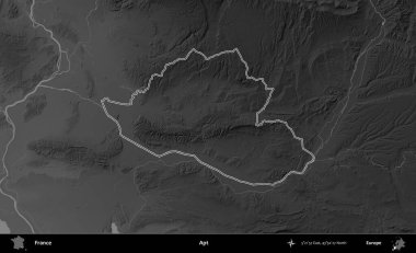 Bir daire. Gri tonlu yükseklik haritasında Fransa 'nın idari bölgesinin ana hatları çizilmiş