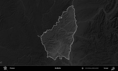 Ardeche. Fransa 'nın idari alanı kararmış bir gri tonlama yükselme haritasına vurgulandı ve özetlendi