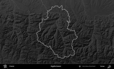 Argeles-Gazost. Gri tonlu yükseklik haritasında Fransa 'nın idari bölgesinin ana hatları çizilmiş