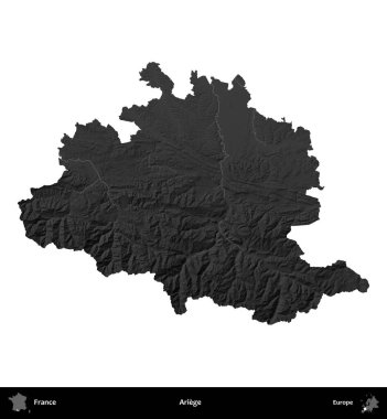 Ariege. Fransa 'nın idari bölgesi gri ölçekli yükseklik haritasında beyaza izole edildi