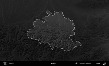 Ariege. Fransa 'nın idari alanı kararmış bir gri tonlama yükselme haritasına vurgulandı ve özetlendi