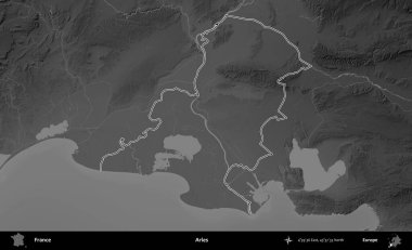Arles. Gri tonlu yükseklik haritasında Fransa 'nın idari bölgesinin ana hatları çizilmiş