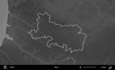 Arras. Gri tonlu yükseklik haritasında Fransa 'nın idari bölgesinin ana hatları çizilmiş