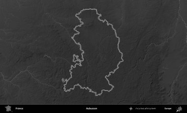 Aubusson. Gri tonlu yükseklik haritasında Fransa 'nın idari bölgesinin ana hatları çizilmiş