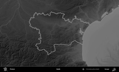 Aude. Gri tonlu yükseklik haritasında Fransa 'nın idari bölgesinin ana hatları çizilmiş