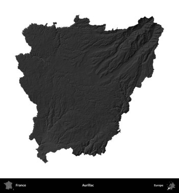 Aurillac. Fransa 'nın idari bölgesi gri ölçekli yükseklik haritasında beyaza izole edildi