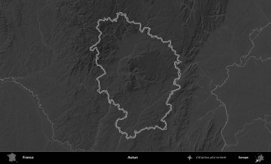 Autun. Gri tonlu yükseklik haritasında Fransa 'nın idari bölgesinin ana hatları çizilmiş