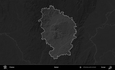 Autun. Fransa 'nın idari alanı kararmış bir gri tonlama yükselme haritasına vurgulandı ve özetlendi
