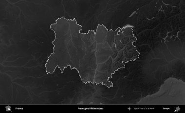 Auvergne-Rhone-Alpes. Fransa 'nın idari alanı kararmış bir gri tonlama yükselme haritasına vurgulandı ve özetlendi