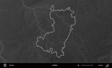 Avallon. Gri tonlu yükseklik haritasında Fransa 'nın idari bölgesinin ana hatları çizilmiş