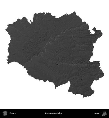 Avesnes-sur-Helpe. Fransa 'nın idari bölgesi gri ölçekli yükseklik haritasında beyaza izole edildi