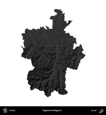 Bagneres-de-Bigorre. Fransa 'nın idari bölgesi gri ölçekli yükseklik haritasında beyaza izole edildi