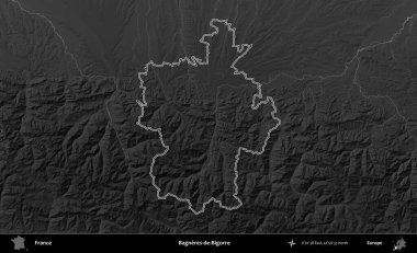 Bagneres-de-Bigorre. Gri tonlu yükseklik haritasında Fransa 'nın idari bölgesinin ana hatları çizilmiş