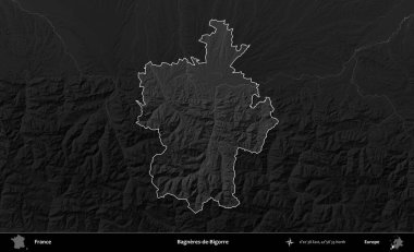 Bagneres-de-Bigorre. Fransa 'nın idari alanı kararmış bir gri tonlama yükselme haritasına vurgulandı ve özetlendi