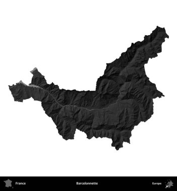Barcelonnette. Fransa 'nın idari bölgesi gri ölçekli yükseklik haritasında beyaza izole edildi