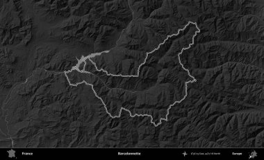Barcelonnette. Gri tonlu yükseklik haritasında Fransa 'nın idari bölgesinin ana hatları çizilmiş