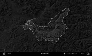 Barcelonnette. Fransa 'nın idari alanı kararmış bir gri tonlama yükselme haritasına vurgulandı ve özetlendi