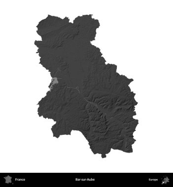 Bar-sur-Aube. Fransa 'nın idari bölgesi gri ölçekli yükseklik haritasında beyaza izole edildi