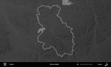 Bar-sur-Aube. Gri tonlu yükseklik haritasında Fransa 'nın idari bölgesinin ana hatları çizilmiş