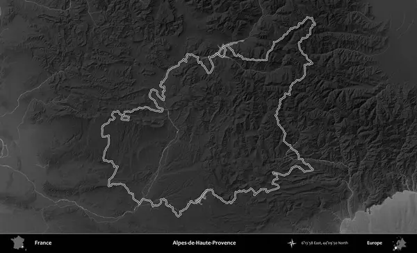 Alpes-de-Haute-Provence. Gri tonlu yükseklik haritasında Fransa 'nın idari bölgesinin ana hatları çizilmiş