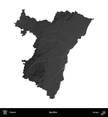 Bas-Rhin. Fransa 'nın idari bölgesi gri ölçekli yükseklik haritasında beyaza izole edildi