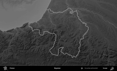 Bayonne. Gri tonlu yükseklik haritasında Fransa 'nın idari bölgesinin ana hatları çizilmiş