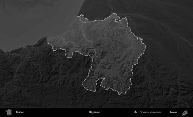 Bayonne. Fransa 'nın idari alanı kararmış bir gri tonlama yükselme haritasına vurgulandı ve özetlendi