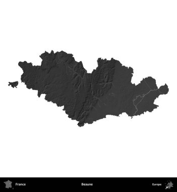 Beaune. Fransa 'nın idari bölgesi gri ölçekli yükseklik haritasında beyaza izole edildi