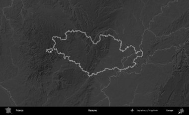 Beaune. Gri tonlu yükseklik haritasında Fransa 'nın idari bölgesinin ana hatları çizilmiş