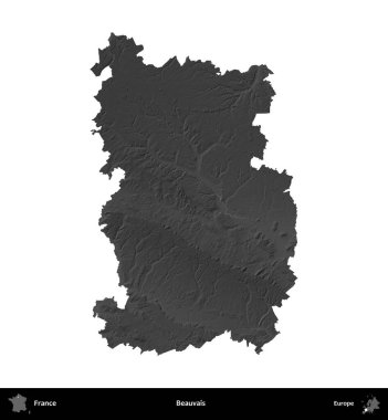 Beauvais. Fransa 'nın idari bölgesi gri ölçekli yükseklik haritasında beyaza izole edildi