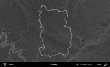 Beauvais. Gri tonlu yükseklik haritasında Fransa 'nın idari bölgesinin ana hatları çizilmiş